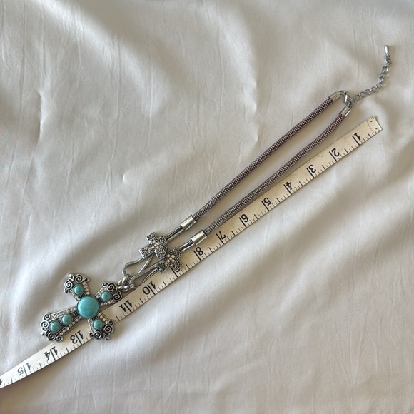 Silver Turquoise Rhinestone Cross Pendant Wire Mesh Necklace Dangle Earring Set - Picture 3 of 13